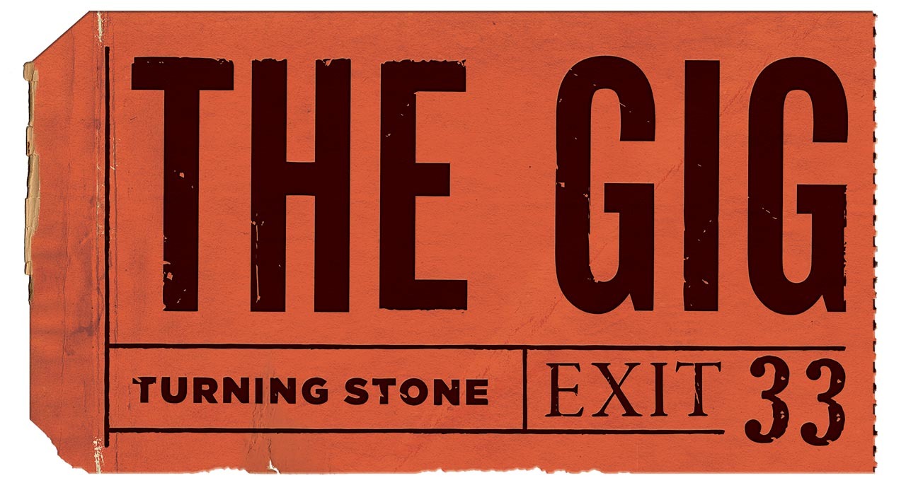 Vintage-style orange logo for The Gig at Turning Stone Resort, featuring bold black lettering and a ticket stub design with Exit 33.
