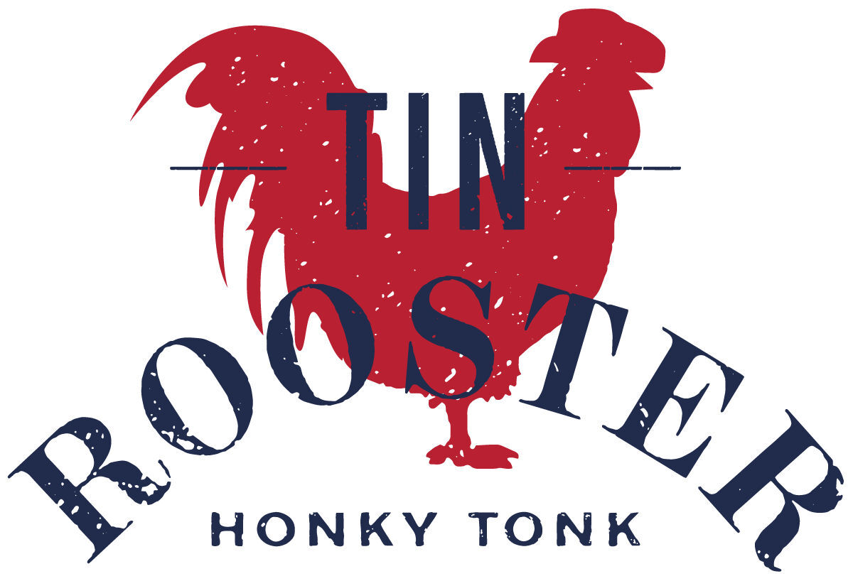 Logo for Tin Rooster Honky Tonk featuring a red rooster silhouette behind navy blue distressed text reading “TIN ROOSTER HONKY TONK.”